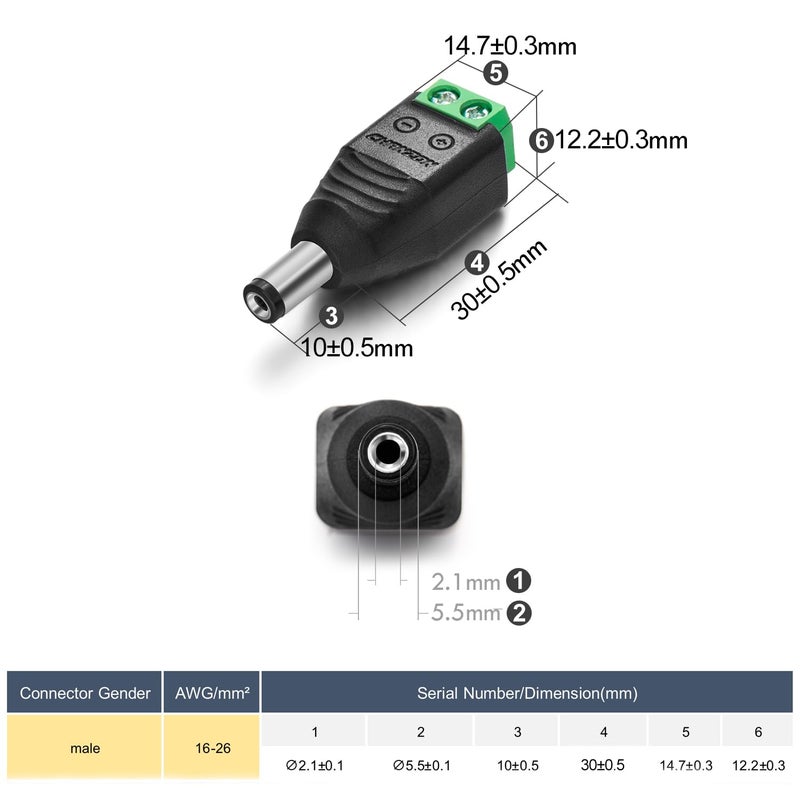 CHANZON (10 x Male DC Power Connector 5.5mm x 2.1mm 12V 24V Power Jack Socket for Led Strip CCTV Security Camera Cable Wire Ends 10Pcs Plug Adapter - Image 2